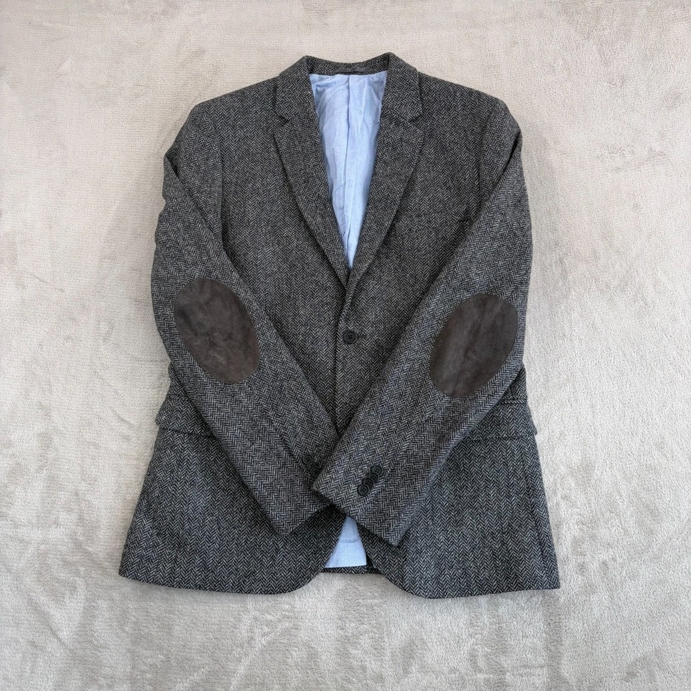 H&M Tweed Wool Sport Coat MOON British Cloth Herringbone Leather‎ Elbow Patch 44